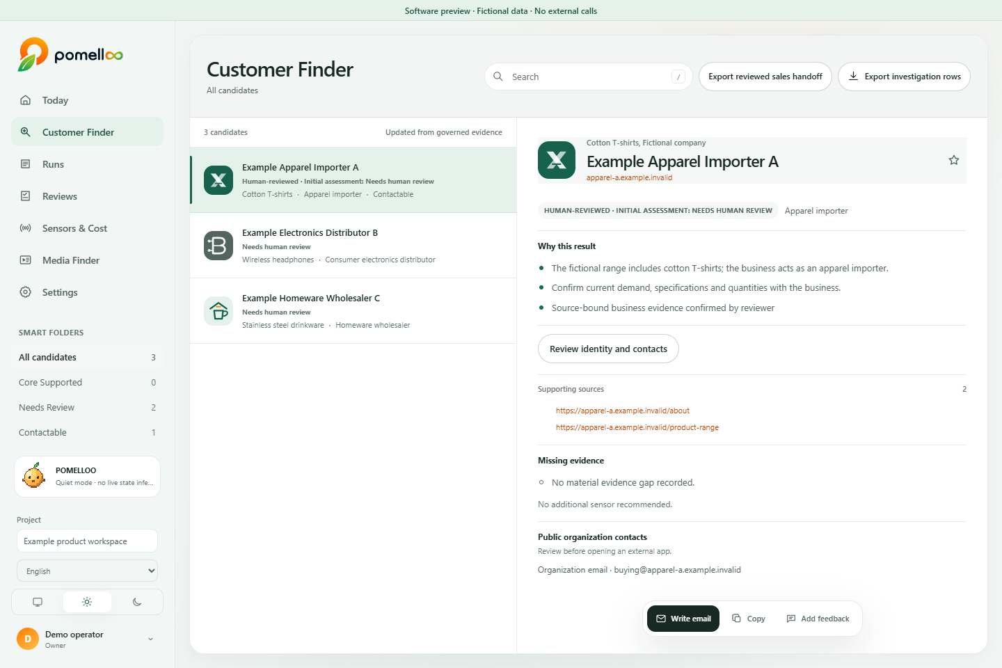 POMELLOO Customer Finder in light appearance, with fictional companies, an evidence panel and review controls.