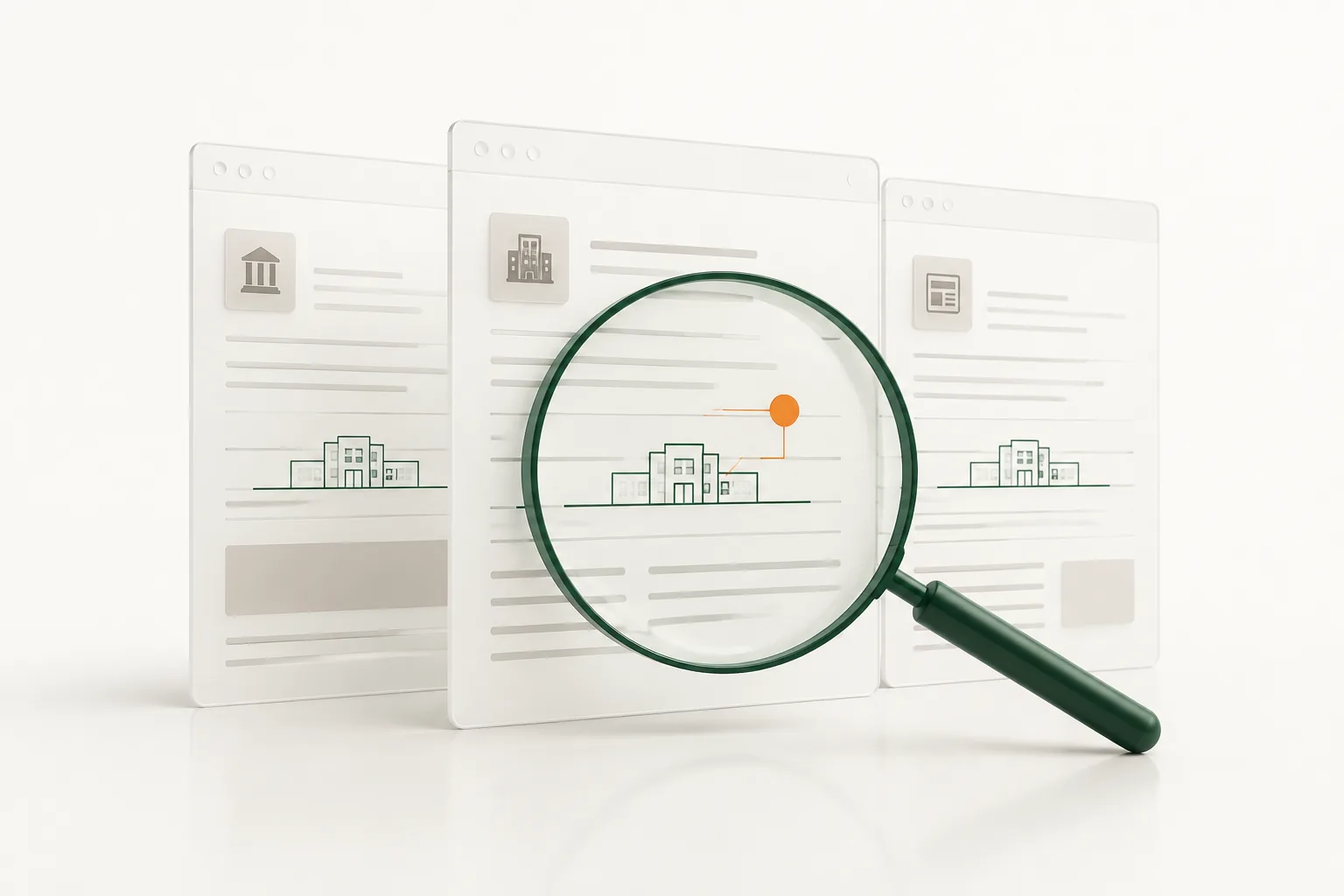 Concept illustration of a precision lens comparing a company across several public business-information pages.