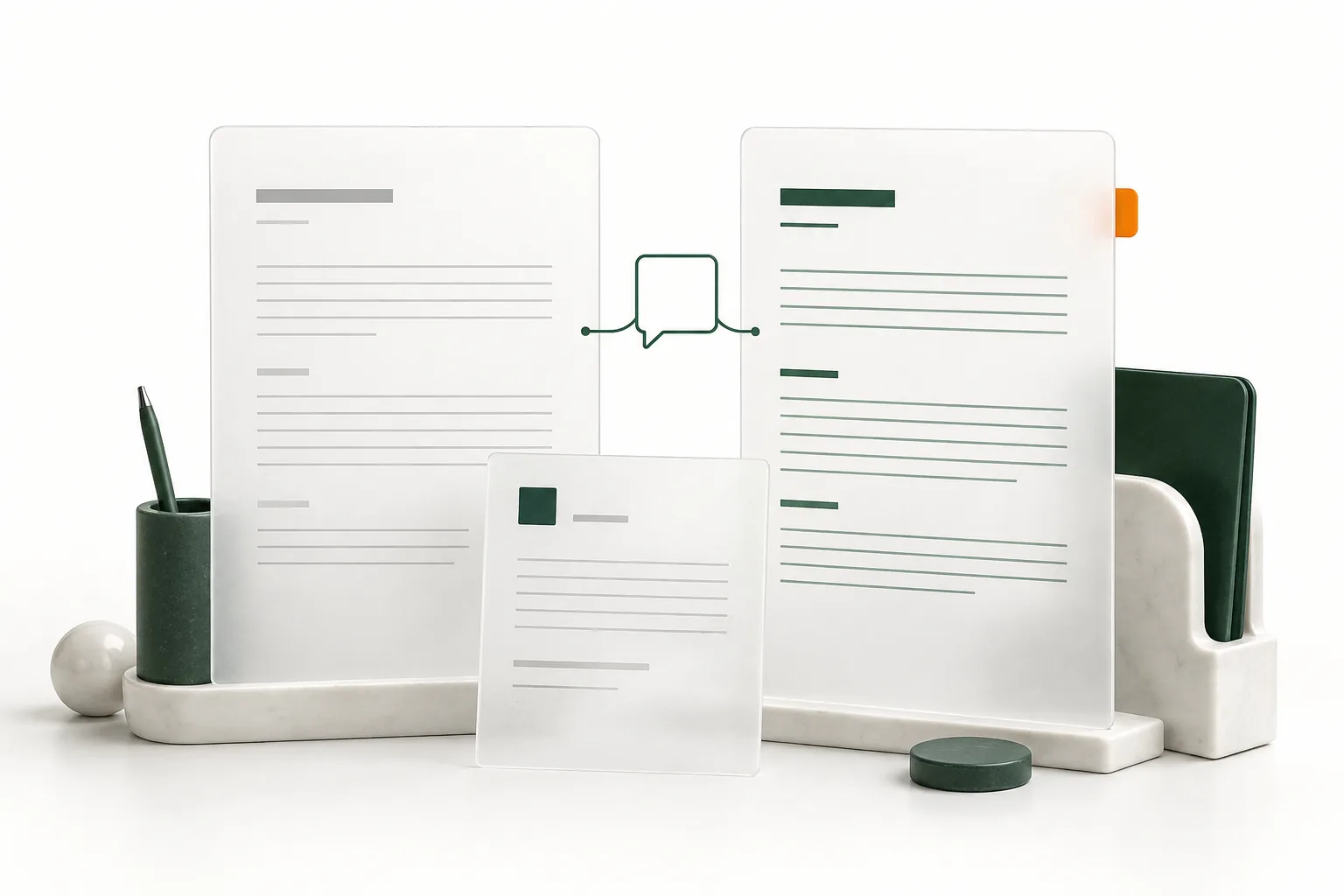 Concept illustration of trade correspondence being organized into a considered reply, represented by two document sheets and a smaller draft.