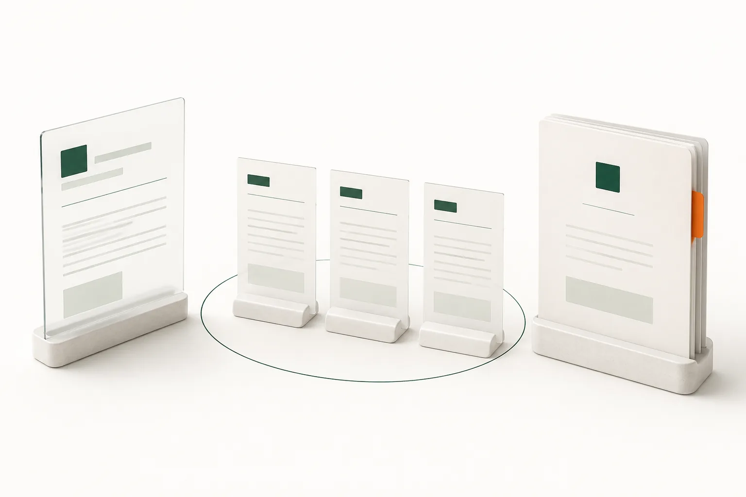 Concept illustration of a business brief and complementary evidence sheets brought together into an organized company dossier.