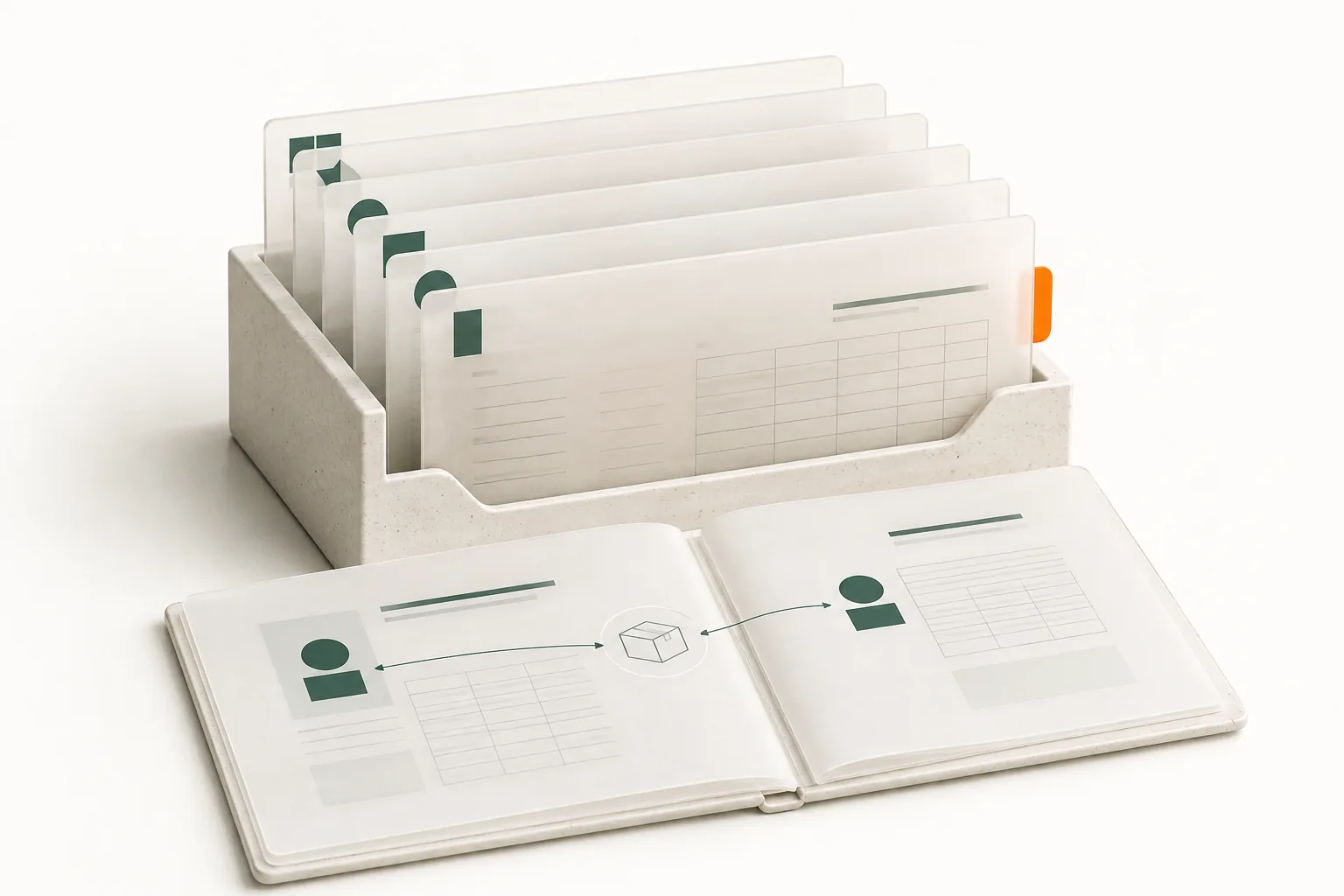 Concept illustration of layered trade records and an open shipment document connecting two anonymous organizations through a product.